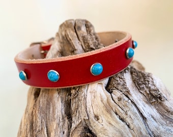 Red and turquoise leather dog collar: Pretty dog collar for everyday wear