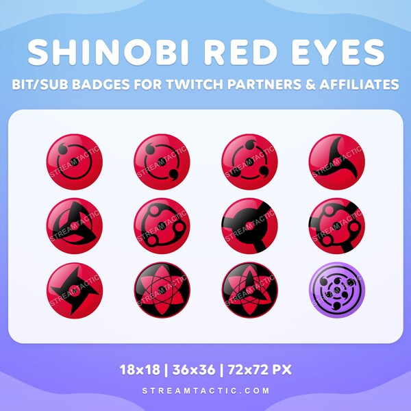 Yeux rouges Shinobi | Badges Bit/Sub Twitch | Yeux d'anime | Téléchargement instantané | Graphismes prêts à l'emploi pour streamers de tous niveaux