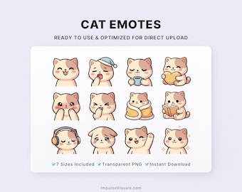 Chibi Cat Twitch Emotes Pack | Kawaii Animal Stream Reaction Emotes | Discord PNG