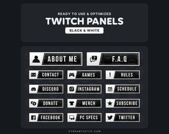 Black & White Twitch Panels: Stream Graphics (Instant Download)