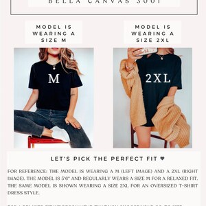 May include: Size guide graphic with the text "Size Guide" and "BELLA CANVAS 3001". The guide shows two models wearing different sizes of a black t-shirt. The text "MODEL IS WEARING A SIZE M" and "MODEL IS WEARING A SIZE 2XL" is also present.