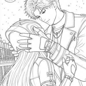 以下が含まれることがあります： 抱き合う二人の人物を描いた白黒の線画イラスト。一人はチェーンと指なし手袋をつけたジャケットを着用し、もう一人のヘルメットを被った頭を支えている。もう一人は「love」と書かれたワッペンがついたスーツを着用している。