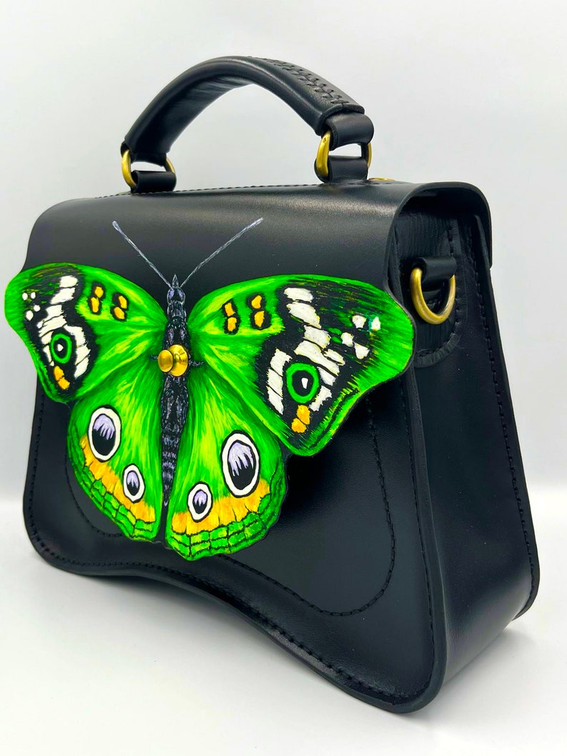 Leather Crossbody Bag, Handmade & Painted, Crossbody Handbag, Butterfly Form Bag, Premium Genuine Leather Bag, Anti-allergenic Leather zdjęcie 3