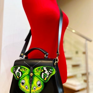 Leather Crossbody Bag, Handmade & Painted, Crossbody Handbag, Butterfly Form Bag, Premium Genuine Leather Bag, Anti-allergenic Leather zdjęcie 2