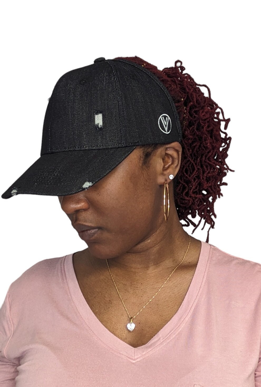 Black Distressed Backless Satin Lined Adjustable Baseball Cap Hat
