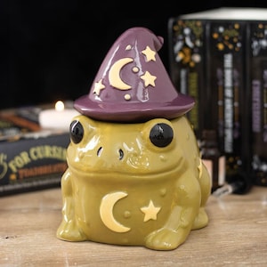 May include: A ceramic frog figurine with a glossy olive green finish, featuring a large cream-coloured crescent moon and star on its chest. The frog wears a removable purple pointed hat decorated with a cream crescent moon and several small stars.