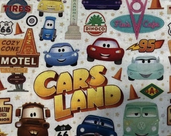 9x13” Disney Cars Land Lighting McQueen, Mater, Sally Doc, Radiator Springs 100% Cotton Fabric Remnant