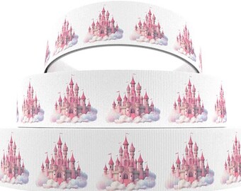 Castle Ribbon 1", 1.5" and 2" High Quality Grosgrain Ribbon By The Yard Pink Castle Disney Sleeping Beauty Castle