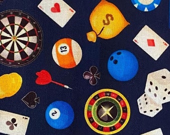 Casino Fabric 100% Cotton Fabric Fat Quarter Tumbler Cut Deck of Cards Casino Slot Machine Darts Pool Collage