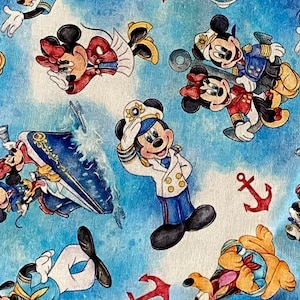 Disney Cruise Fabric 100% Cotton Fabric Fat Quarter Tumbler Cut Disney Mickey Mouse Minnie Goofy Pluto Captain Ship Vacation Travel Cruising