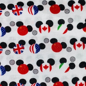 May include: White fabric with a repeating pattern of black Mickey Mouse ears with different flags inside. The flags are the United States, United Kingdom, Canada, China, and Italy.