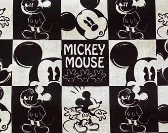 Disney Mickey Fabric 100% Cotton Fabric Fat Quarter Tumbler cut Magic Kingdom Vintage Classic Black White Monochrome Checkered Mickey Mouse