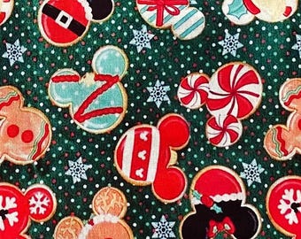 Christmas Fabric 100% Cotton Fabric by the Yard Disney Mickey Mouse Icons Hidden Mickey Christmas Sugar Cookies Ornaments Collage