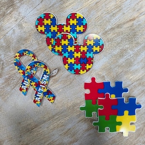 Autism Awareness Mickey Head Flat Back Planar Resin Hair Bow Center Scrapbooking Embellishment Disney Resin Puzzle Pieces | SET of 2