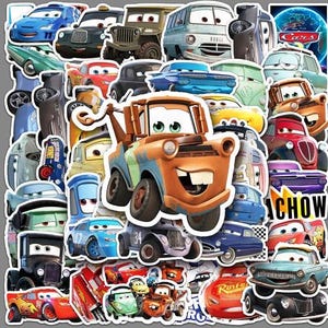 May include: A collage of various cartoon car stickers, featuring a variety of colors and designs. The stickers include characters from the Cars movie franchise, with prominent characters like Mater and Lightning McQueen.