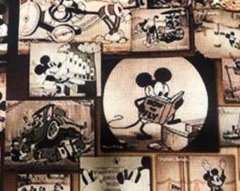 Disney Mickey Mouse Fabric 100% Cotton Fabric Fat Quarter Tumbler Cut Steamboat Willie Fabric Vintage Collage