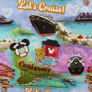 Disney Cruise line Fabric 100% Cotton Fabric Fat Quarter Tumbler Cut Cruise Ship Castaway Cay Goofy Mickey Mouse Minnie Pluto Donald Duck