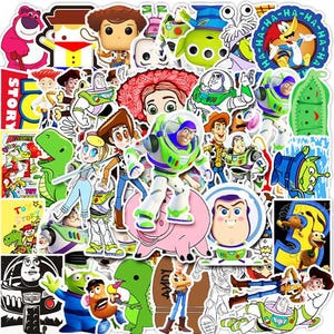 May include: A collection of colorful stickers featuring characters from the animated movie "Toy Story." The stickers include images of Buzz Lightyear, Woody, and other characters. The stickers are in various shapes and sizes.