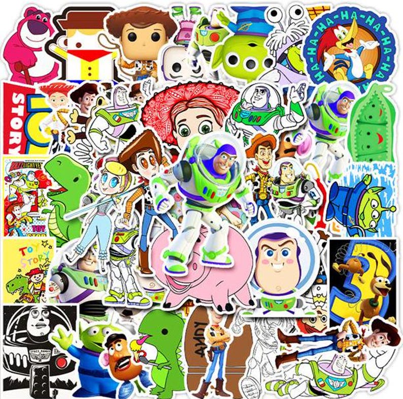 May include: A collection of colorful stickers featuring characters from the animated movie "Toy Story." The stickers include images of Buzz Lightyear, Woody, and other characters. The stickers are in various shapes and sizes.