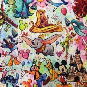 Disney Character Collage Fabric 100% Cotton Fabric by the Yard Dumbo Ariel Goody Mickey Mouse Magic Kingdom Many More