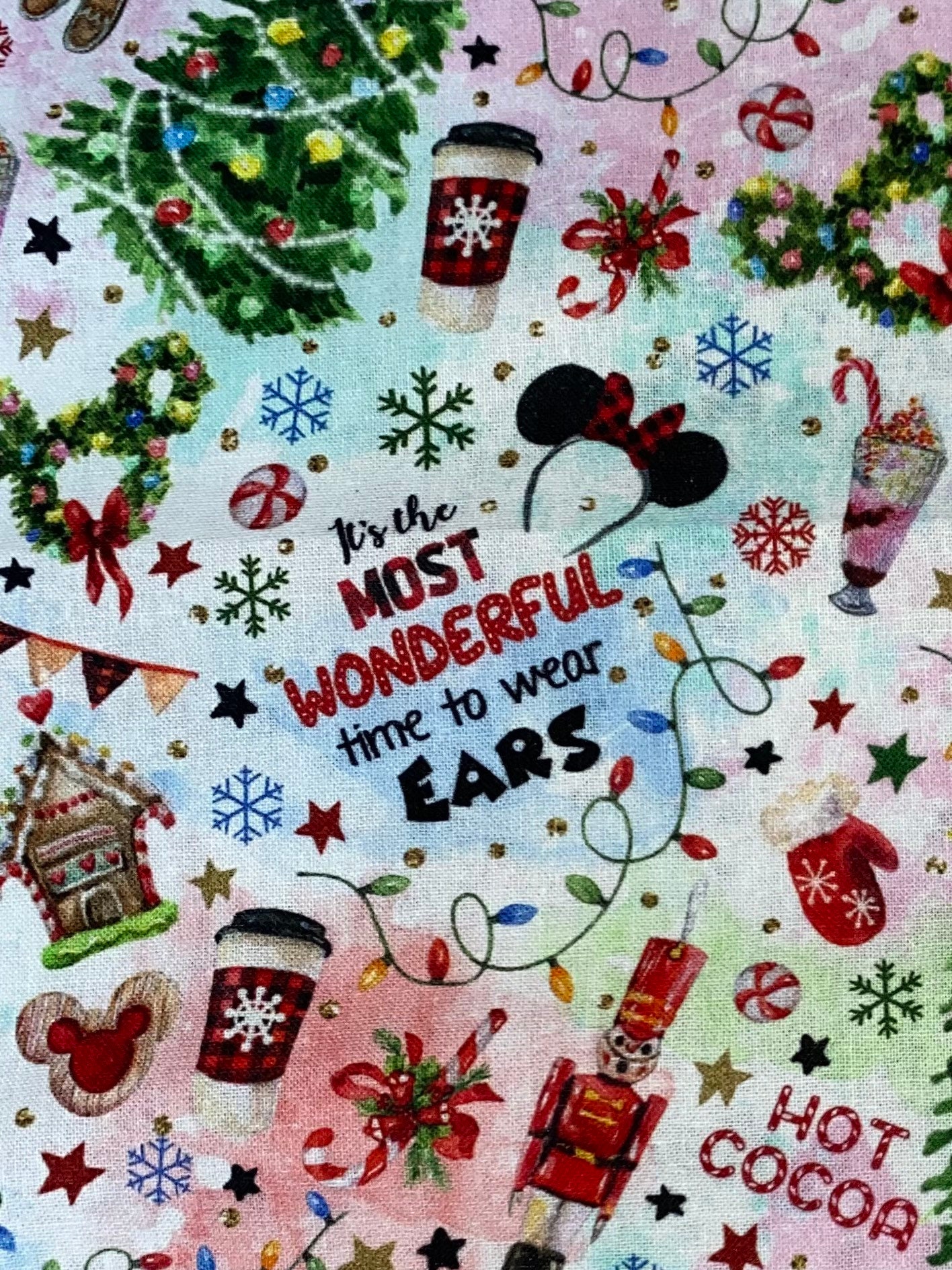 Disney Christmas Fabric 100% Cotton Fabric by the Yard Wonderful time to Wear Ears Hot Cocoa Tree Mickey Minnie Mouse