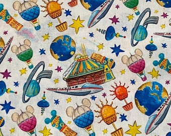 Disney Parks Fabric 100% Cotton Fabric by the Yard Disney Magic Kingdom Fantasy Tomorrow Land Hot Air Balloon Tent Monorail Collage