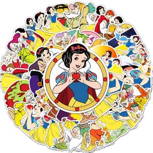 May include: A circular collection of colorful stickers featuring characters from the animated film "Snow White and the Seven Dwarfs." The stickers include images of Snow White, the dwarfs, and other characters in various poses.