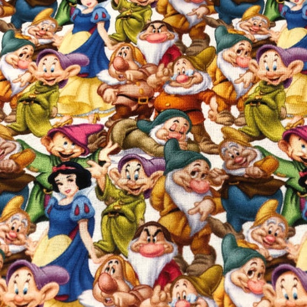 Disney Snow White Seven Dwarfs Fabric 100% Cotton Fabric Fat Quarter Tumbler Cut Characters Dopey Doc Grumpy Bashful Sneezy Happy Sleepy