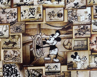 Steamboat Willie Fabric 100% Cotton Fabric by the Yard Disney Mickey Mouse Vintage Collage
