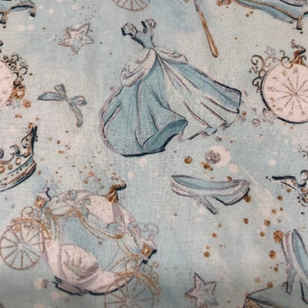 Cinderella collage dress, glass slipper, coach 100% Cotton Fabric by the Yard Disney Ball gown