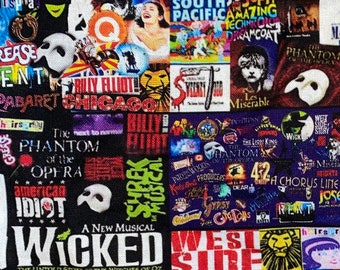 Broadway Theater Plays Fabric 100% Cotton Fabric by the Yard Theatrical West Side Story Wicked Grease Phantom  Opera  Jersey Boys More