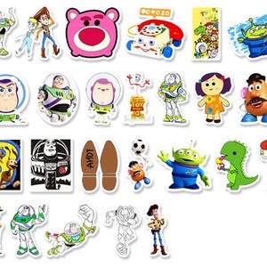 May include: A collection of colorful stickers featuring characters from the animated movie Toy Story. The stickers include Buzz Lightyear, Woody, and other recognizable characters. The stickers are in various shapes and sizes, with a white border.