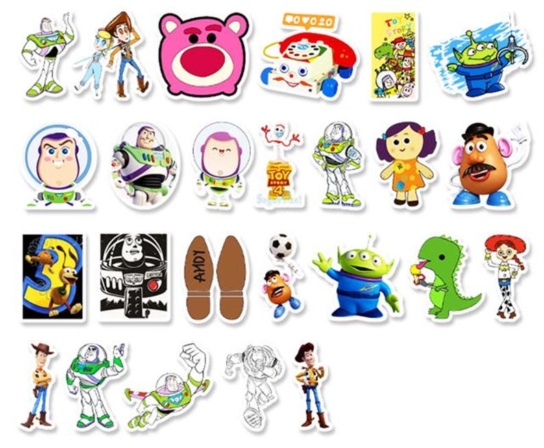 May include: A collection of colorful stickers featuring characters from the animated movie Toy Story. The stickers include Buzz Lightyear, Woody, and other recognizable characters. The stickers are in various shapes and sizes, with a white border.