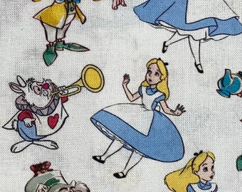 Alice in Wonderland Fabric Collage 100% Cotton Fabric by the Yard Disney Cheshire Cat Mad Hatter White Rabbit