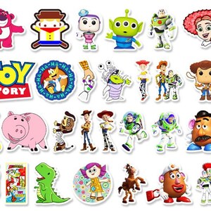 May include: A collection of colorful Toy Story character stickers. The stickers feature characters like Woody, Buzz Lightyear, and others, along with the Toy Story logo. The stickers are die-cut and ready to peel and apply.