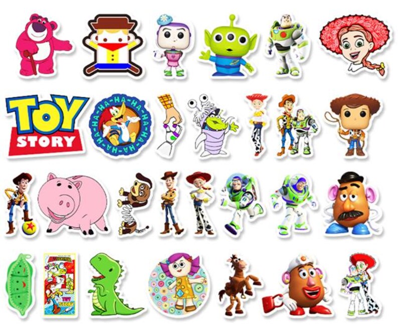 May include: A collection of colorful Toy Story character stickers. The stickers feature characters like Woody, Buzz Lightyear, and others, along with the Toy Story logo. The stickers are die-cut and ready to peel and apply.