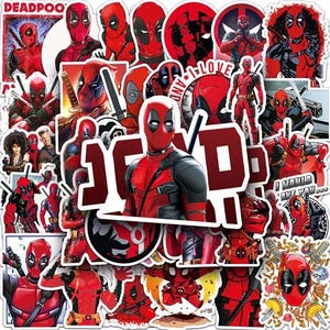 May include: A collection of Deadpool stickers in various poses and designs. The stickers feature the character in his signature red and black suit, with some including text like "Deadpool" and "I love and I would save you".
