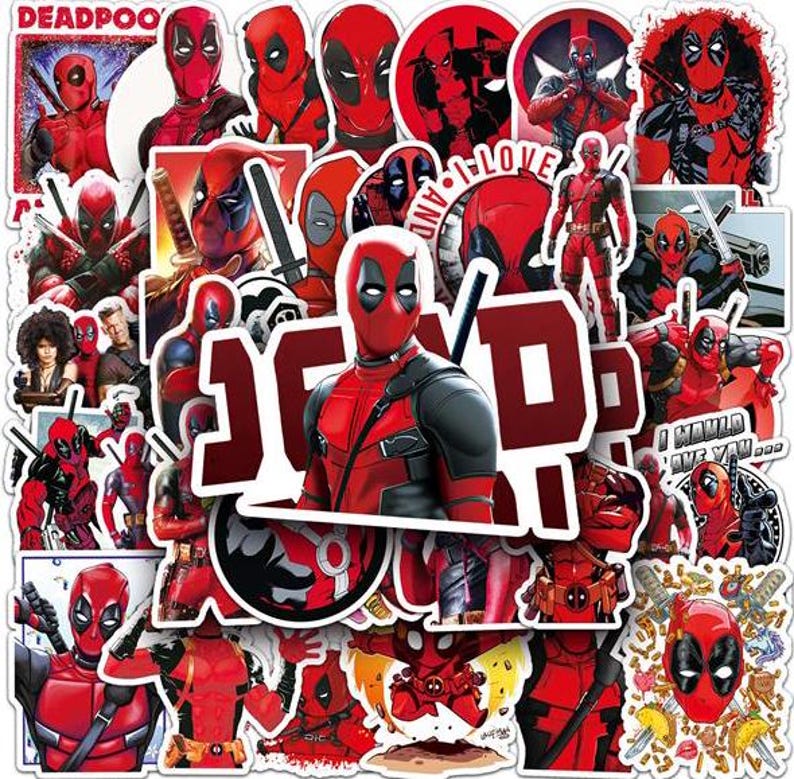 May include: A collection of Deadpool stickers in various poses and designs. The stickers feature the character in his signature red and black suit, with some including text like "Deadpool" and "I love and I would save you".