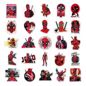 May include: A collection of Deadpool stickers in various poses and designs. The stickers feature the character in his signature red and black suit, with some including text like "Deadpool Approved" and "I love you and I mean tacos."