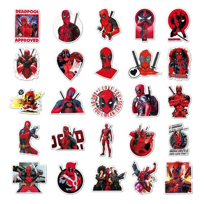 May include: A collection of Deadpool stickers in various poses and designs. The stickers feature the character in his signature red and black suit, with some including text like "Deadpool Approved" and "I love you and I mean tacos."