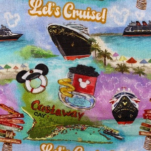 Disney Cruise Fabric Collage 100% Cotton Fabric by the Yard Cruise LineCastaway Cay Goofy Mickey Mouse Minnie Pluto Donald Duck