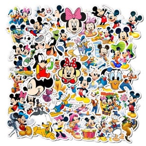 May include: A collection of colorful cartoon character stickers featuring Mickey Mouse, Minnie Mouse, Donald Duck, Goofy, and other Disney characters. The stickers are perfect for decorating notebooks, laptops, water bottles, and other items.