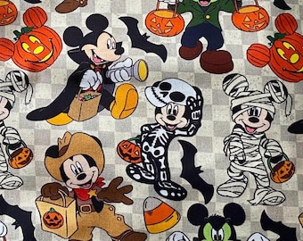 Disney Halloween Fabric 100% Cotton Fabric Fat Quarter Tumbler Cut Disney Mickey Mouse Dracula Mummy Skeleton Cowboy Collage Trick or Treat