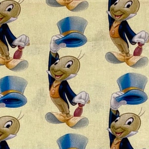 Disney Pinocchio Fabric 100% Cotton Fabric Fat Quarter and Tumbler Cuts Disney Jiminy Cricket Fabric