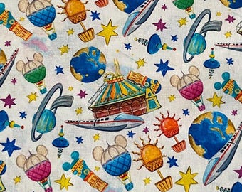 Disneyland Park Fabric 100% Cotton Fabric Fat Quarter Tumbler cut Magic Kingdom Attractions Monorail Tent Hot Air Balloons Tomorrowland