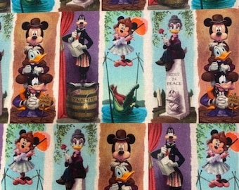 Tela de la mansión encantada de Disney, 100 % algodón, corte en cuarto de grasa, cuadros elásticos de fantasmas de Disney, Mickey Mouse, Minnie, Donald y Goofy
