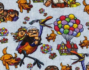 Disney UP Fabric 100% Cotton Fabric Fat Quarter Tumbler Cut Russell Dug Carl Ellie Hot Air Balloons Collage