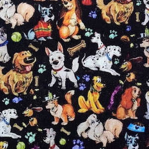 Disney Dogs Fabric Collage 100% Cotton Fabric Fat Quarter Tumbler Cut Pluto Lady Tramp Nana Bolt Copper Dug and More Black Background