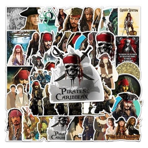 May include: A collection of stickers featuring characters and imagery from the "Pirates of the Caribbean" film series. The stickers include images of Captain Jack Sparrow, skulls, swords, and other pirate-themed designs.