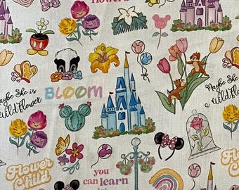 Disney Parks Fabric 100% Cotton Fabric by the Yard Disney Magic Kingdom Flower Child Wonderland Garden Castles Cinderella Bambi Spring